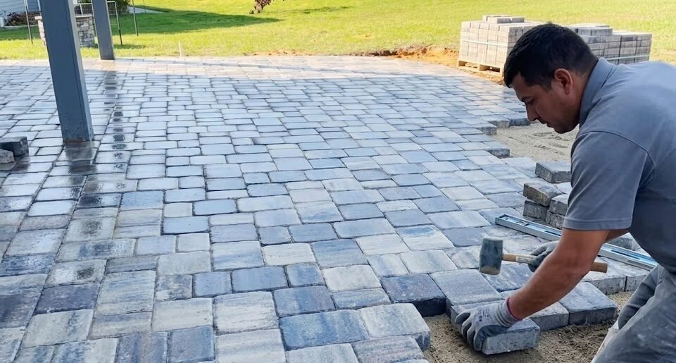 White efflorescence film on newly installed brick pavers in Florida