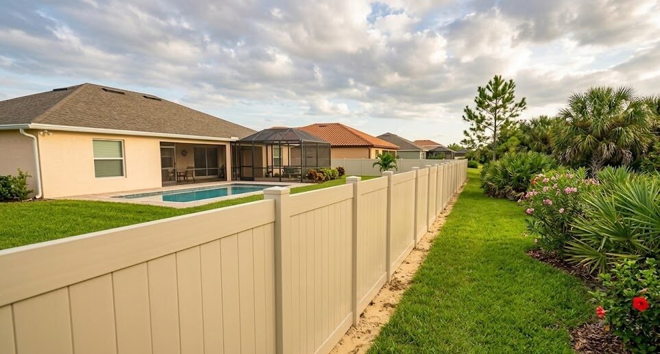 Finished side of a wood privacy fence facing outward toward the neighboring property in Florida
